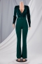 winter four colors velvet spliced stretch deep v stylish jumpsuit with belt_Black_Dark Green
