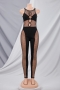 spring new stylish mesh patchwork see-through slim zip-up stretch plus size hollow sexy jumpsuit_Black