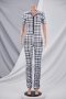 summer new stylish plaid batch printing zip-up stretch slim pleated plus size casual jumpsuit_Black
