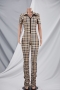 summer new stylish plaid batch printing zip-up stretch slim pleated plus size casual jumpsuit_Black_Khaki 