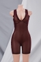 summer solid color mesh v-neck sleeveless see-through sexy tight stretch playsuit_Black_Brown