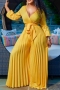 s-3xl autumn new plus size 4 colors solid color micro-elastic v-neck long sleeves wide-leg pleated stylish jumpsuit with belt_Beige_Blue_Magenta_Yellow