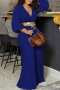 s-3xl autumn new plus size 4 colors solid color micro-elastic v-neck long sleeves wide-leg pleated stylish jumpsuit with belt_Beige_Blue