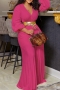 s-3xl autumn new plus size 4 colors solid color micro-elastic v-neck long sleeves wide-leg pleated stylish jumpsuit with belt_Beige_Blue_Magenta