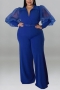 xl-5xl plus size autumn new stylish 5 colors mesh patchwork see-through deep v belt slight stretch sexy jumpsuit_Black_Dark Blue