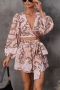 s-2xl plus size autumn new 2 colors zebra & ethic pattern batch printing inelastic long sleeve deep-v-neck hollow lace up stylish sexy playsuit(with belt)_Sky Blue_Pink