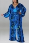 xl-5xl plus size autumn new 6 colors stretch batch printing v-neck with belt wide leg stylish jumpsuit_Black_Purple_Blue
