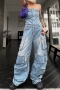 stylish non-stretch strapless pocket button hole denim cargo jumpsuit_Dark Gray_Sky Blue