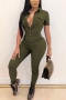 casual plus size slight stretch solid color lapel jumpsuit_Black_Dark Green