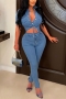 sexy plus size slight stretch denim single-breasted hollow jumpsuit_Blue