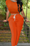 plus-size solid color tight simple stretch pocket lace-up casual two-piece set_Black_Orange