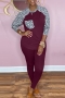 plus size solid color stitching leopard batch printing sleeve stretch casual round neck two-piece set_Black_Dark Purple