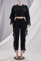 winter solid color new stylish plus size tassel stretch casual knitting two-piece set_Black