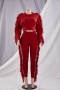 winter solid color new stylish plus size tassel stretch casual knitting two-piece set_Black_White_Rose Red