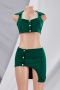 summer new stylish solid color stretch single-breasted crop top with split skirt irregular sexy two-piece set_Black_Dark Green