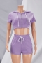xs-xl summer new solid color orange stretch hooded zip-up tie-waist pockets casual two-piece set_Black_Purple