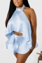 summer new 3 colors special fabric inelastic halter-neck lace up backless loose stylish sexy shorts set_Sky Blue