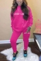 plus size slight stretch letter embroidery stylish sweatshirt pants set_Black_Brown_Magenta