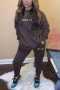 plus size slight stretch letter embroidery stylish sweatshirt pants set_Black_Brown