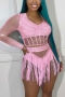 sexy plus-size slight stretch mesh rhinestone tassel shorts set_Black_White_Pink
