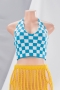summer new two colors lattice printing knitted stretch halter-neck stylish crop vest_Blue