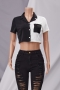 summer new stylish micro elastic contrast color spliced single-breasted pockets casual top_Black