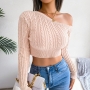 autumn & winter new stylish 3 colors solid color stretch knitted off-the-shoulder long sleeves slim exquisite crop sweater_Purple_Khaki 