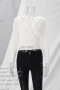 autumn new 3 colors solid color micro-elastic long sleeve v-neck shirring stylish simple crop top(only top)_Black_White