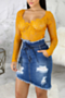 autumn new plus size micro-elastic high waist holes pockets irregular ripped raw hem stylish denim mini skirt with belt_Sky Blue_Dark Blue