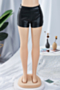 plus size solid color three colors summer side zip-up pu leather stretch hot shorts_Black