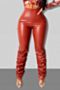 winter new solid color elastic high waist invisible zipper side ruched design stylish leather pants_Black_Red