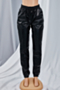 autumn new plus size solid color pu fabric micro-elastic tie-waist pockets stylish leather pants_Black