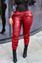 autumn new plus size solid color pu fabric micro-elastic tie-waist pockets stylish leather pants_Black_Rose Red