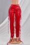 new plus size stylish autumn solid color back zip-up pu leather inelastic casual slim pants (new added colors)_Black_Red