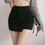 autumn 3 colors slight stretch high waist drawstring stylish denim skorts_Black