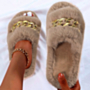 autumn new gold chain decor peep toe stylish home fur slippers_Black_White_Beige