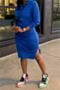 autumn new plus size solid color stretch hooded lace-up pocket casual minimalist midi dress_Black_Blue