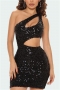 xs-l summer new stylish solid color one-shoulder hollow sequin stretch zip-up sexy mini dress_Black