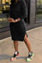 autumn new plus size solid color stretch hooded lace-up pocket casual minimalist midi dress_Black