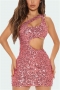 xs-l summer new stylish solid color one-shoulder hollow sequin stretch zip-up sexy mini dress_Black_Rose Red_Pink